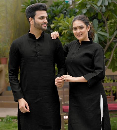 Black Couple Dress Linen Kurta and Kurti Set – Archittam Fashion