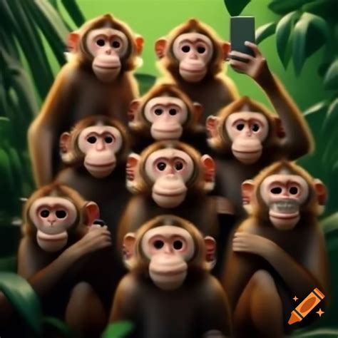 Group of nine playful monkeys posing for selfie in jungle on Craiyon