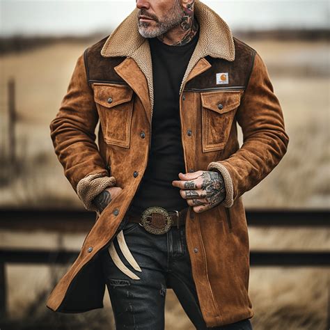 Men's Vintage Suede Patchwork Lamb Fleece Multi-Pocket Reverse Collar ...