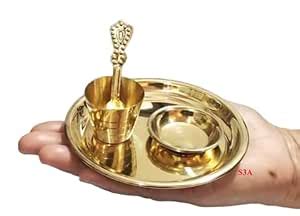 S3A Peetal Brass Puja Bhog Thali + Brass Glass + Spoon for Worship ...