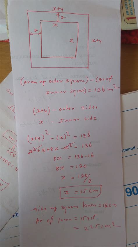 A square lawn has a 2m wide path surrounding it. If the area of the ...