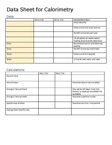 Datasheet Template for Calorimetry - Data Sheet for Calorimetry Data 40 ...