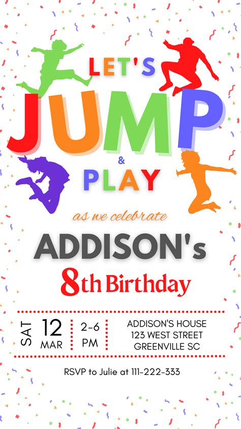Trampoline Birthday Party Invitation - Colorful Let's Jump Play Invite