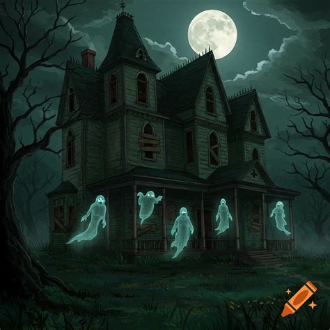 Illustration of a haunted house and graveyard under a full moon with ...