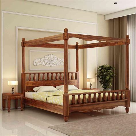 WOODLAB Furniture Sheesham Wood Queen Size Poster Bed Without Storage ...