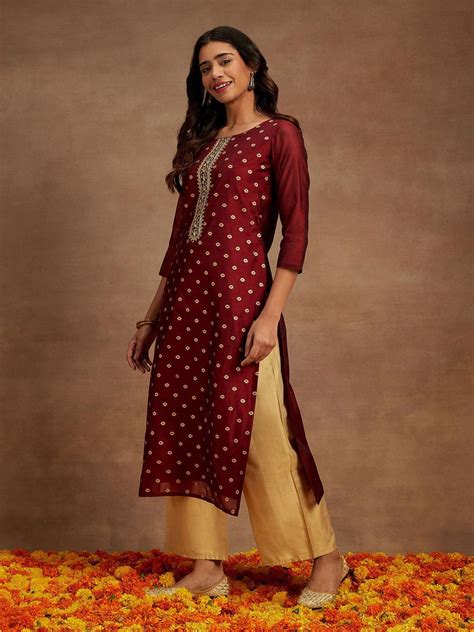 Buy Maroon Woven Design Chanderi Silk Straight Kurta Online at Rs.835 ...