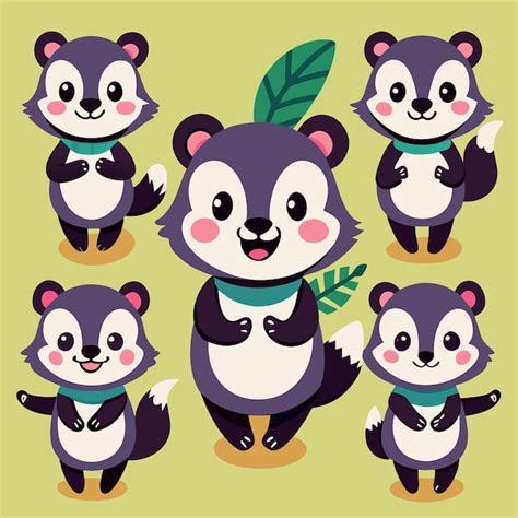Cute cartoon skunks in various poses with a green leaf behind one ...