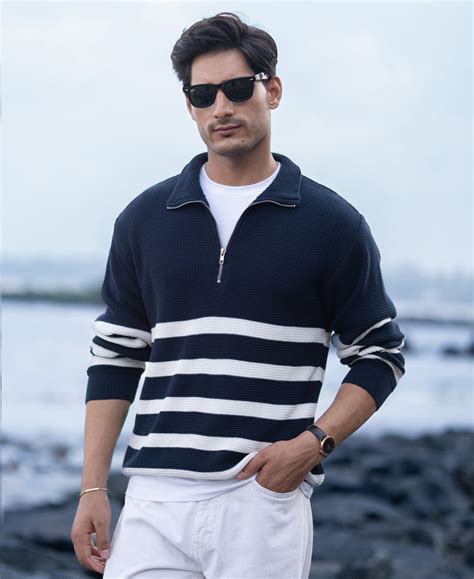 Navy Striped Zipper Neck T-Shirt 100% Cotton – Powerlook