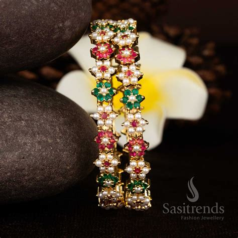 Guaranteed Micro Gold Plated Floral AD Pearl Bangles – Sasitrends