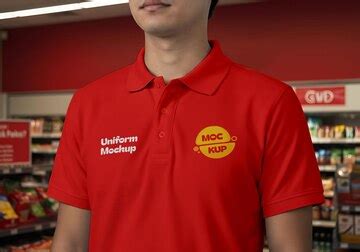 Red polo shirt uniform mockup in a convenience store setting showcasing ...