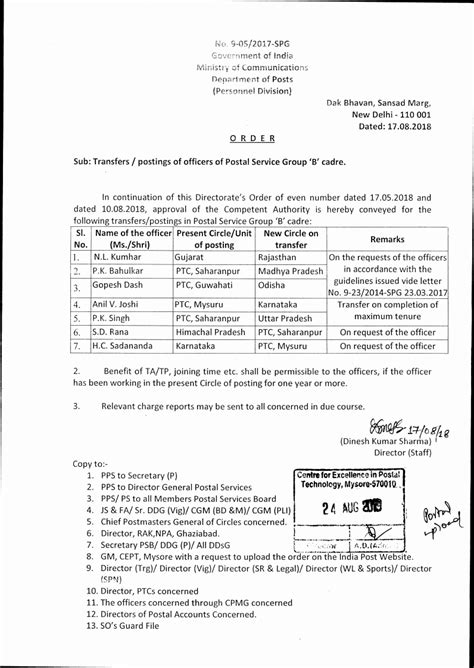 Transfers/postings of officers of Postal Service Group 'B' cadre [DOP ...