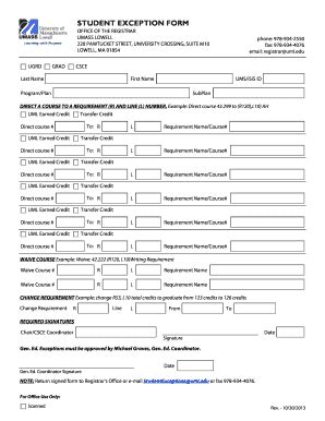 Fillable Online uml STUDENT EXCEPTION FORM Fax Email Print - pdfFiller