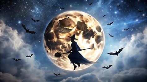 A witch flying over a full moon with bats flying in the sky | Premium ...