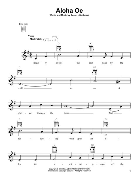Aloha Oe by Queen Liliuokalani Sheet Music for Ukulele at Sheet Music ...