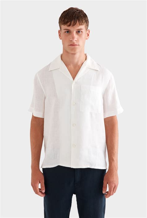 Mens Short Sleeve Linen Camp Collar Shirt in White | Venroy