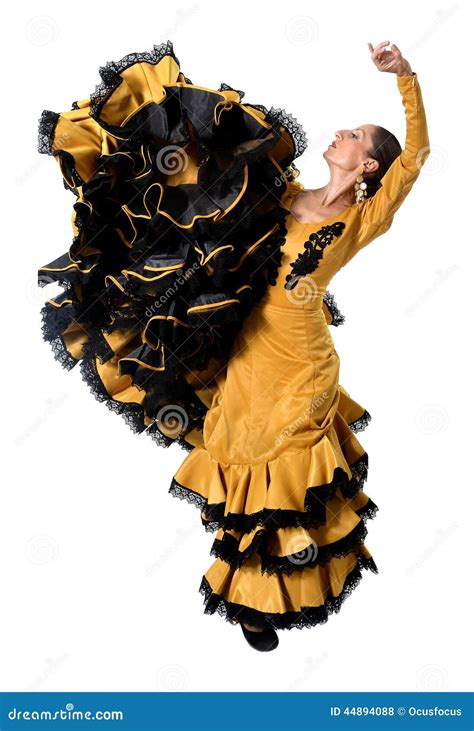 Young Spanish Woman Dancing Flamenco in Typical Folk Tailed Gown Dress ...