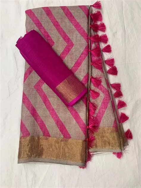 INDIAN LINEN SAREE Pink and Gray Colour Linen Saree (With Unstitched ...