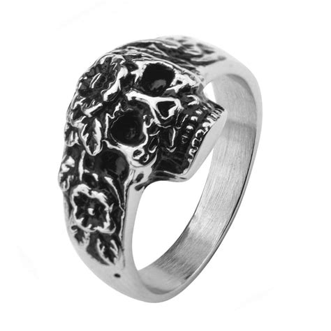 Buy Men's Silver Stainless Steel Skull with Carved Flowers Ring Online ...