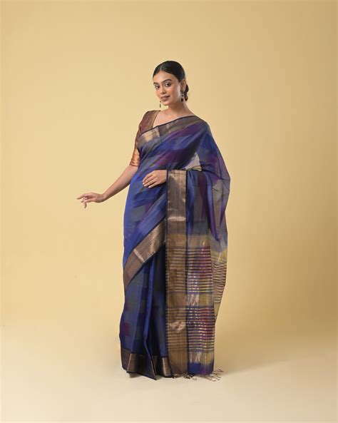 Navy Blue Tie Dye Maheshwari Handwoven Silk Cotton Saree