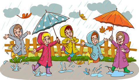 Premium Vector | Smiling little kids jumping in a puddle in rainy day ...