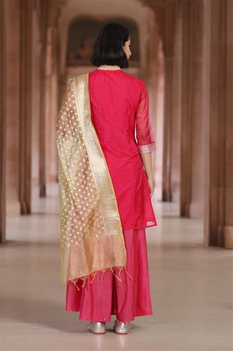 Buy Pink Ethnic Motifs Printed Embroidered Straight Woven Kurta with ...