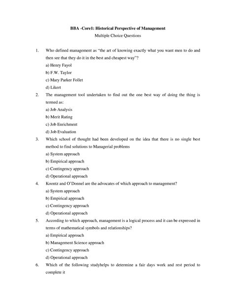 Mcq in bba Core -1 Historical Perspective of Management - BBA -Core1 ...