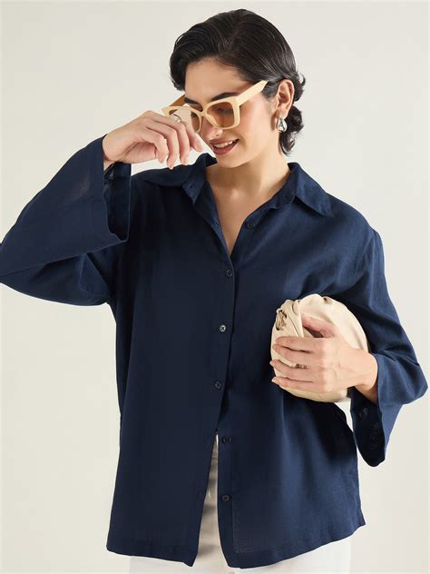 Buy Women Navy Linen Oversize Shirt Online at Best Price - Sassafras