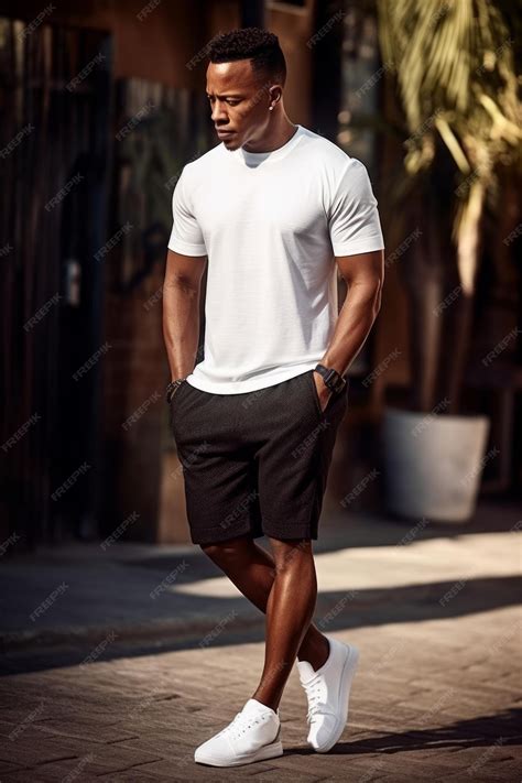 Premium Photo | A man wearing a white t - shirt and black shorts stands ...
