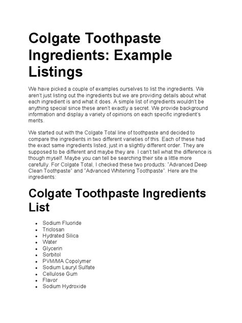 Colgate Toothpaste Ingredients | PDF | Chemistry | Chemical Compounds