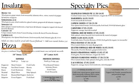 Menu at E&D Pizza Company pizzeria, Avon