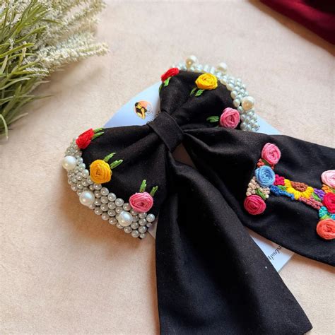 Personalized Black Initial Hair Bow – Handmade Embroidered Floral Pearl ...