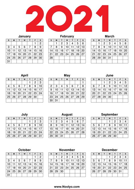 2021 12 Month Printable Calendar Free - 2021 12-Month Calendar ...
