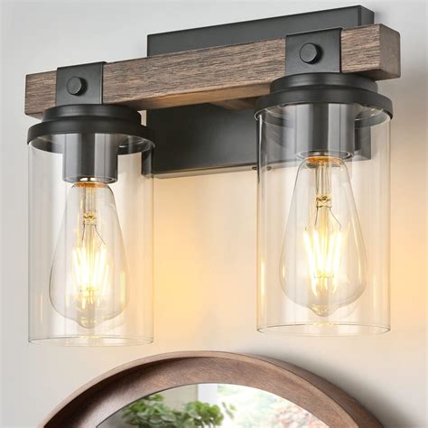 Farmhouse Bathroom Light Fixture Wood Black Vanity Lighting 2-Light ...