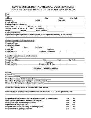 CONFIDENTIAL DENTAL/MEDICAL QUESTIONNAIRE Doc Template | pdfFiller