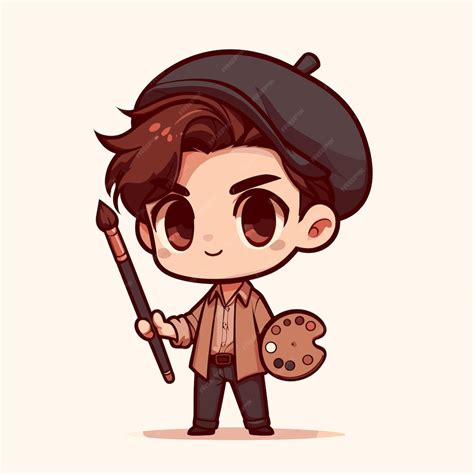 A chibi kawaii cartoon image of a man holding a brush and color palette ...