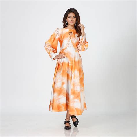 Abstract Artistry Satin Maxi Dress with Orange Marble Essence – M Rutbaa