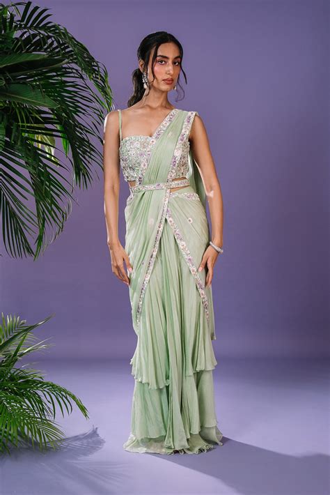 Fresh Mint Layered Saree with Multi-coloured Embroidery Set – PritikaVora