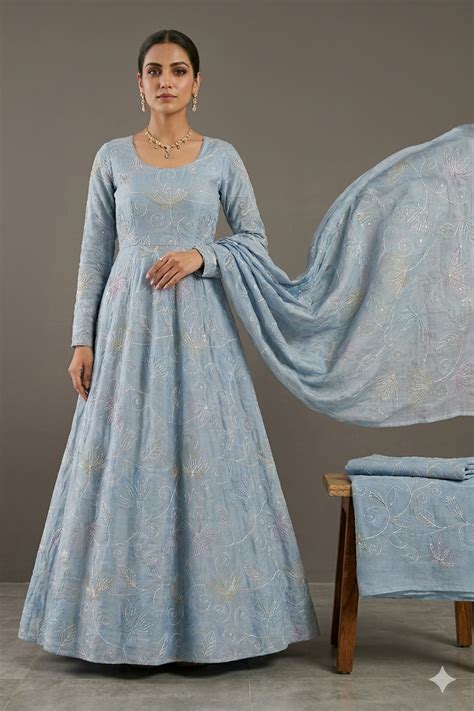 Pastel Blue Chanderi Fabric - Multi Thread Floral Embroidery