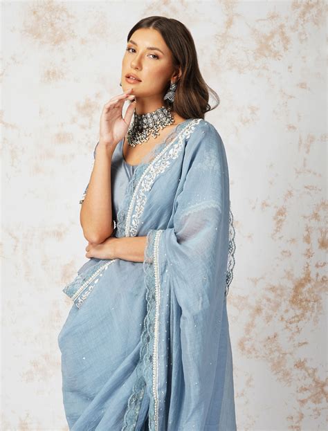 BAROQUE WORK PIGEON BLUE SAREE SET – devyanimehrotra.com