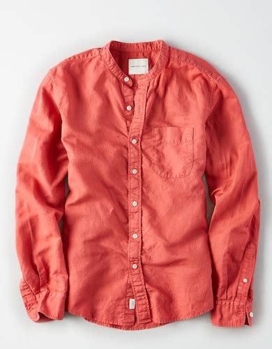 Buy American Eagle Men Red Band Collar Linen Shirt Online