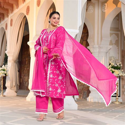 Buy Bougainvillea Pink Cotton Embroidered Suit Set | Meera Plus Size
