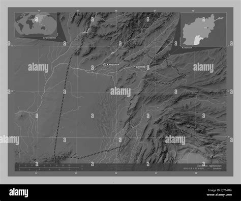 Kandahar, province of Afghanistan. Grayscale elevation map with lakes and rivers. Locations and ...