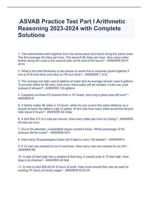 ASVAB Practice Test Part I Arithmetic Reasoning with Complete Solutions ...