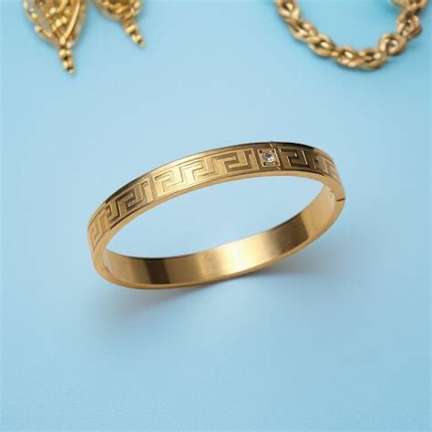 Designer Gold Bangle Diamond Bracelet with Geometric Engraving For Men ...