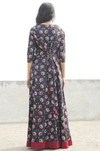 Black Maroon Ivory Indigo Hand Blocked Long Tie-Up Back Waist Dress ...