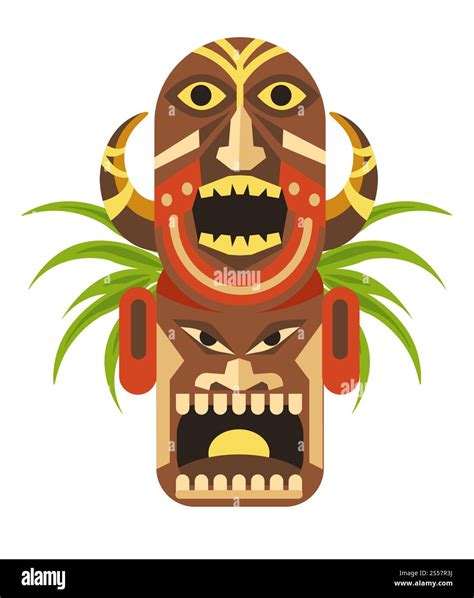 Ancient ritual mask with angry faces and horns from Mayan culture. Valuable cultural and ...