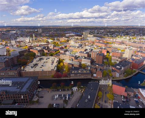 Lowell historic downtown, Canal, Marrimack River and historic Mills ...