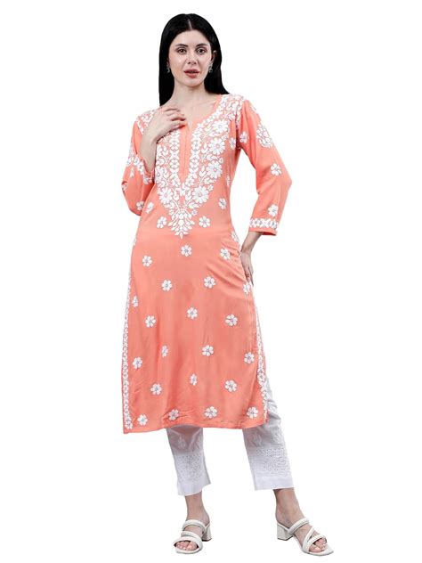 Seva Chikan Hand Embroidered Lucknowi Chikankari Peach Rayon Straight ...