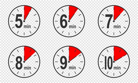 Timer icons with 5, 6, 7, 8, 9, 10 minute time interval. Countdown ...