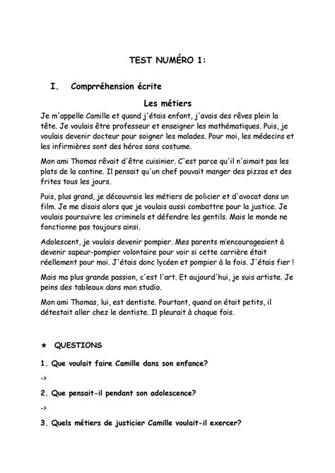 TEST Numéro 1 - nihuih - TEST NUMÉRO 1: I. Comprréhension écrite Les ...